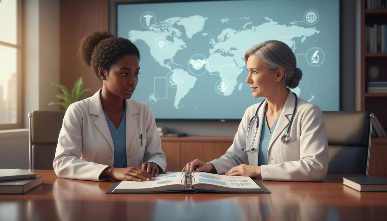 Caribbean IMG discussing global health career goals with attending physician Caribbean IMG discussing global health career goals with attending physician - Caribbean medical school residency for Away Ro