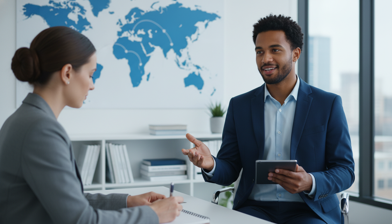 Medical resident discussing a global health case scenario in an interview - Caribbean medical school residency for Common Int