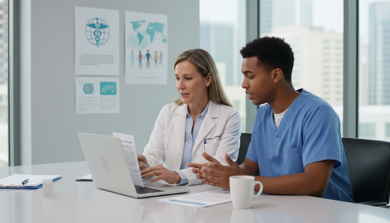 Physician mentor and IMG discussing residency letter of recommendation Physician mentor and IMG discussing residency letter of recommendation - Caribbean medical school residency for Letters of Re