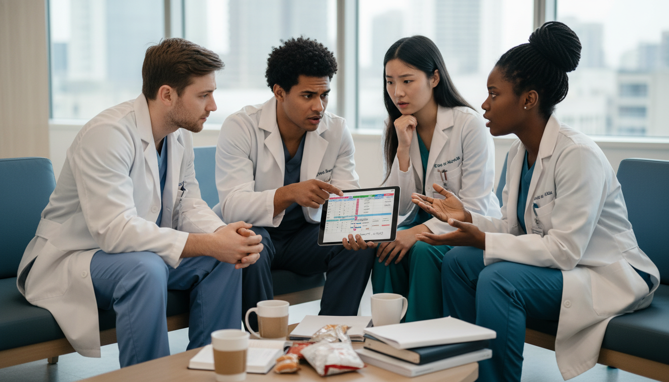 Residents discussing residency program culture in a hospital lounge Residents discussing residency program culture in a hospital lounge - Caribbean medical school residency for Identifying Mali