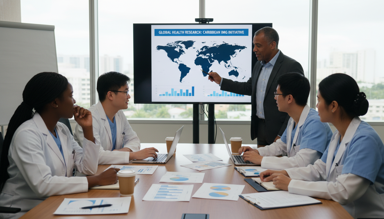 Resident team collaborating on global health data analysis Resident team collaborating on global health data analysis - Caribbean medical school residency for Research During Residency