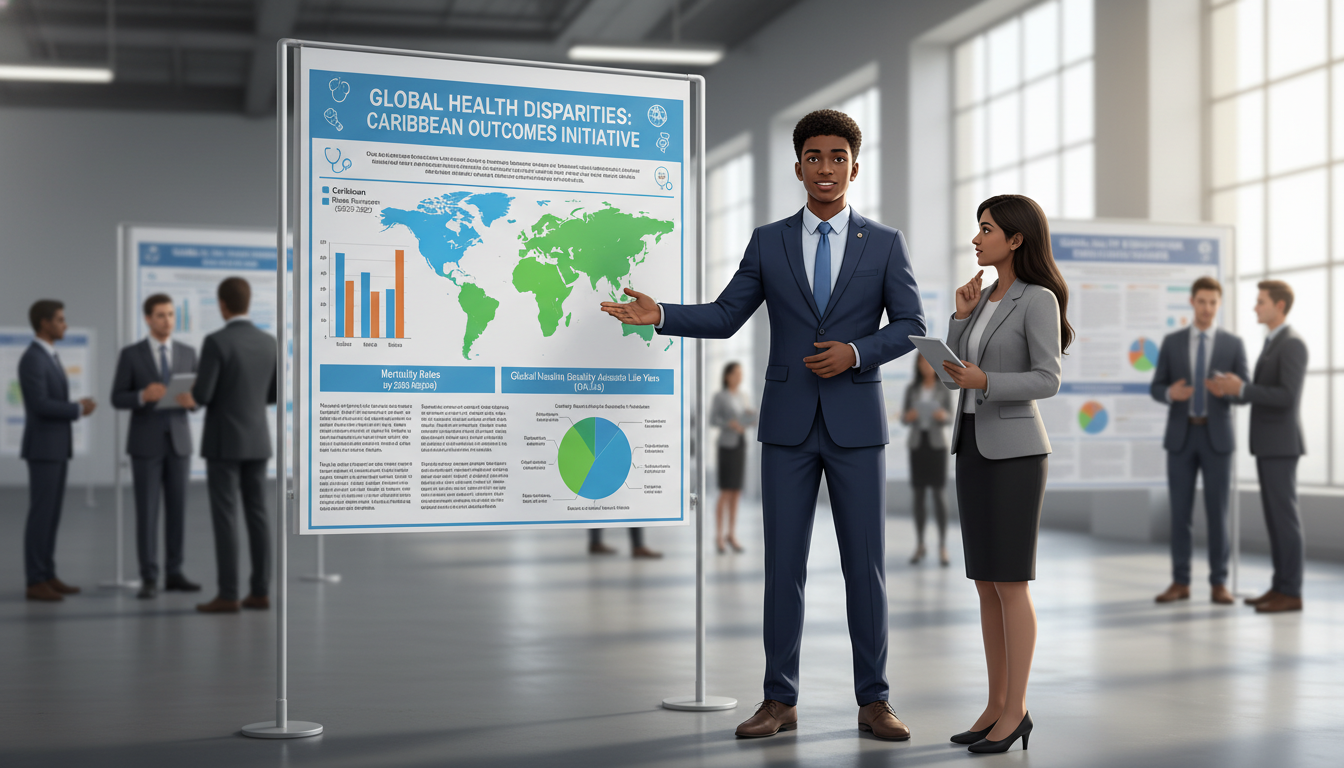 Medical student presenting a global health research poster at a conference - Caribbean medical school residency for Research