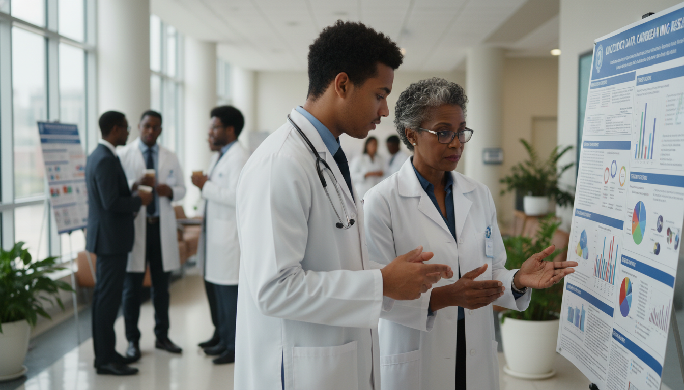 Resident in hematology-oncology clinic discussing research poster with mentor Resident in hematology-oncology clinic discussing research poster with mentor - Caribbean medical school residency for Resear