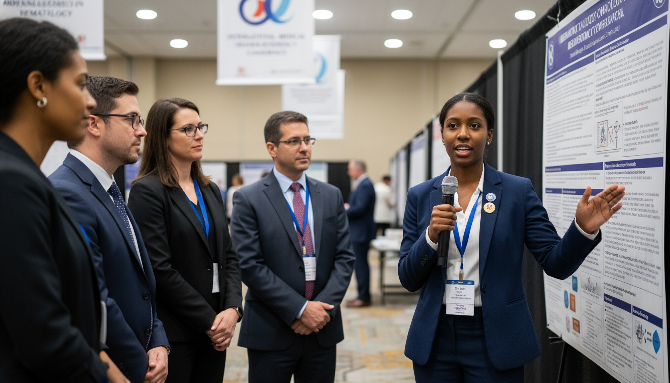 Resident presenting hematology-oncology research poster at conference Resident presenting hematology-oncology research poster at conference - Caribbean medical school residency for Research Durin