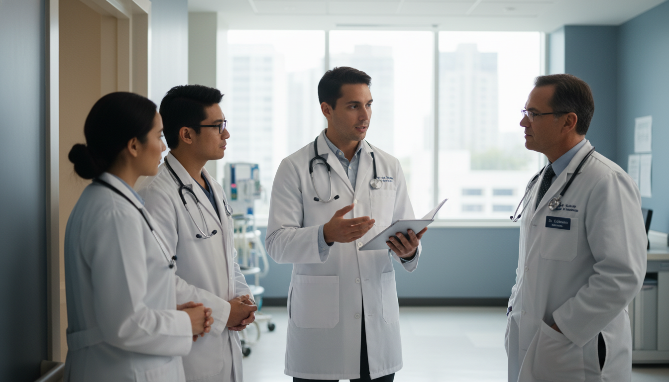 Medical student discussing patient case during internal medicine rounds Medical student discussing patient case during internal medicine rounds - Caribbean medical school residency for Away Rotatio