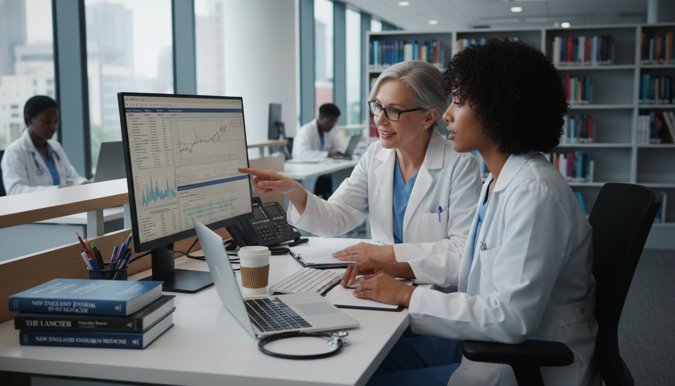 Internal medicine resident discussing research and mentorship with subspecialty attending Internal medicine resident discussing research and mentorship with subspecialty attending - Caribbean medical school residenc