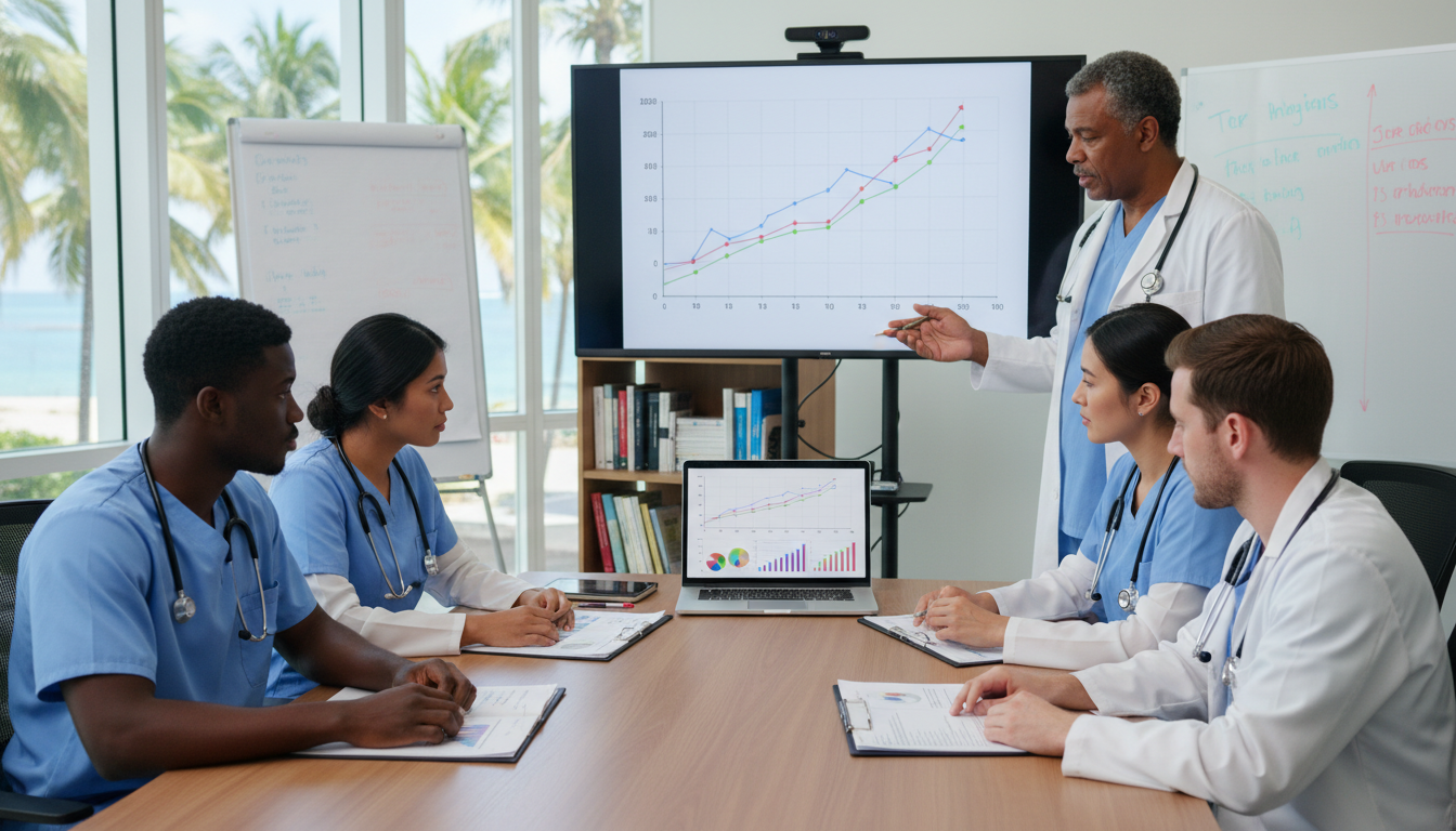 Internal medicine residents discussing a quality improvement project Internal medicine residents discussing a quality improvement project - Caribbean medical school residency for Research During