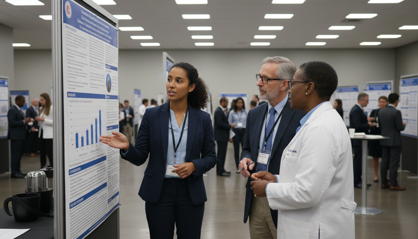 Internal medicine resident presenting a research poster at a medical conference Internal medicine resident presenting a research poster at a medical conference - Caribbean medical school residency for Rese