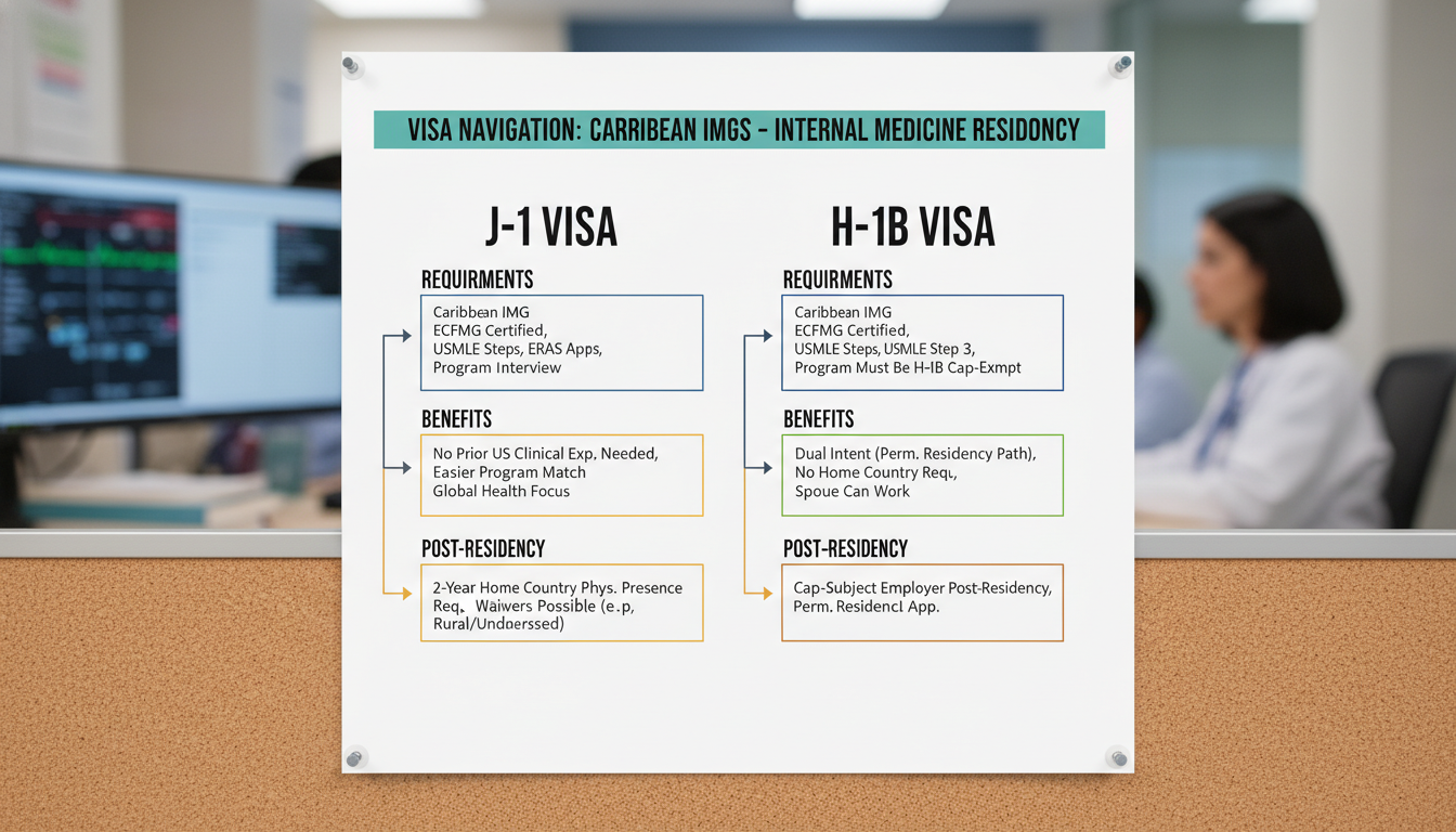 Flowchart of J-1 and H-1B visa pathways for Caribbean IMGs Flowchart of J-1 and H-1B visa pathways for Caribbean IMGs - Caribbean medical school residency for Visa Navigation for Resid