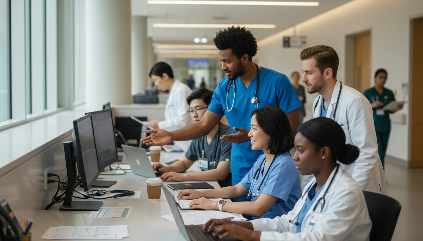 Internal medicine residents during a busy inpatient shift Internal medicine residents during a busy inpatient shift - Caribbean medical school residency for Work-Life Balance Assessme