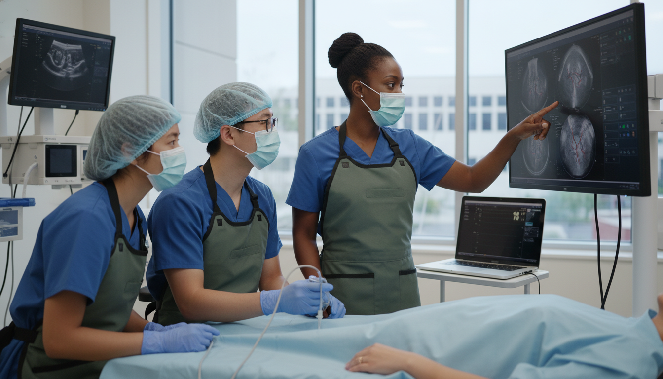 Interventional radiologist teaching residents in an academic IR suite Interventional radiologist teaching residents in an academic IR suite - Caribbean medical school residency for Academic vs Pr