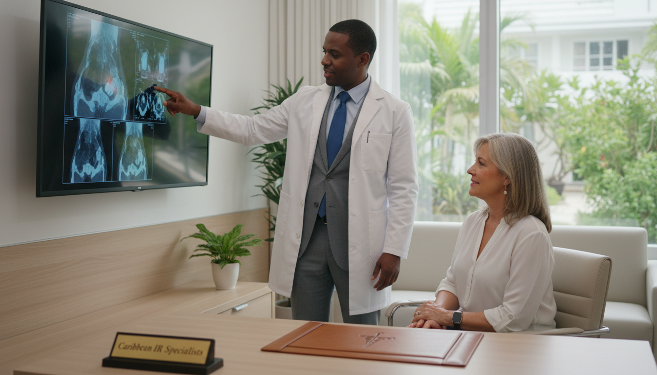 Interventional radiologist consulting a patient in a private outpatient IR clinic Interventional radiologist consulting a patient in a private outpatient IR clinic - Caribbean medical school residency for Ac