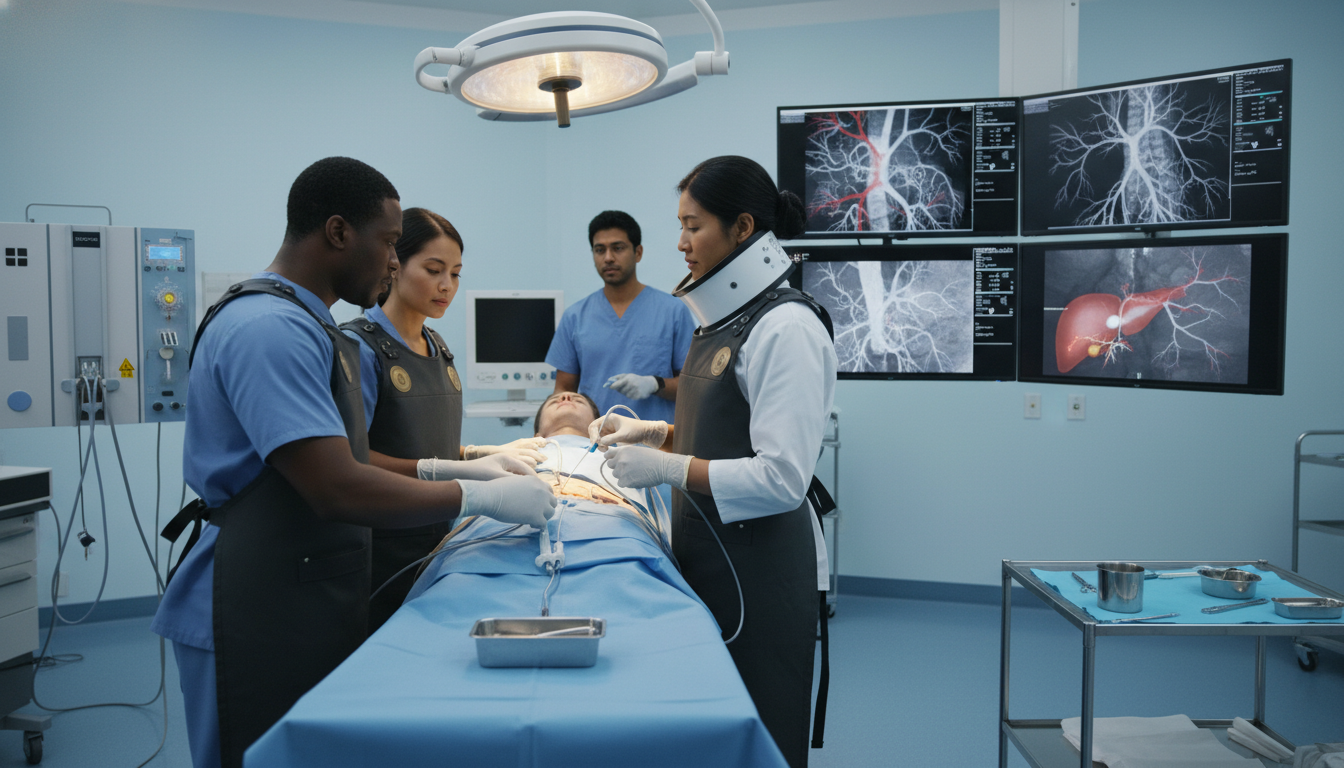 Interventional Radiology Team Performing Procedure in Angio Suite Interventional Radiology Team Performing Procedure in Angio Suite - Caribbean medical school residency for H-1B Sponsorship P