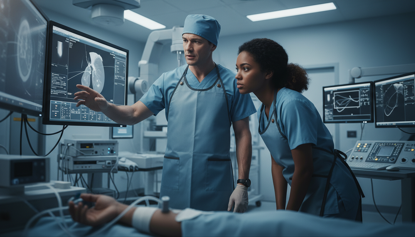 Interventional radiologist mentoring Caribbean IMG during procedure - Caribbean medical school residency for Low Step Score S