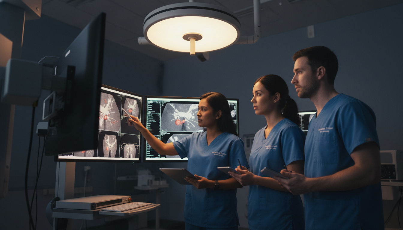 Interventional radiology resident team reviewing angiography images during teaching session Interventional radiology resident team reviewing angiography images during teaching session - Caribbean medical school reside
