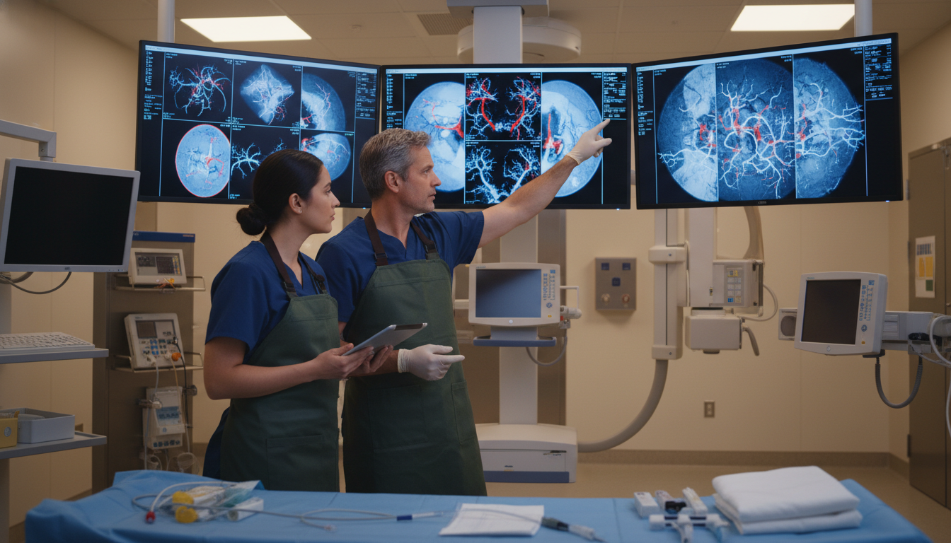 Interventional radiology team reviewing imaging in angiography suite Interventional radiology team reviewing imaging in angiography suite - Caribbean medical school residency for Pre-Match Commu