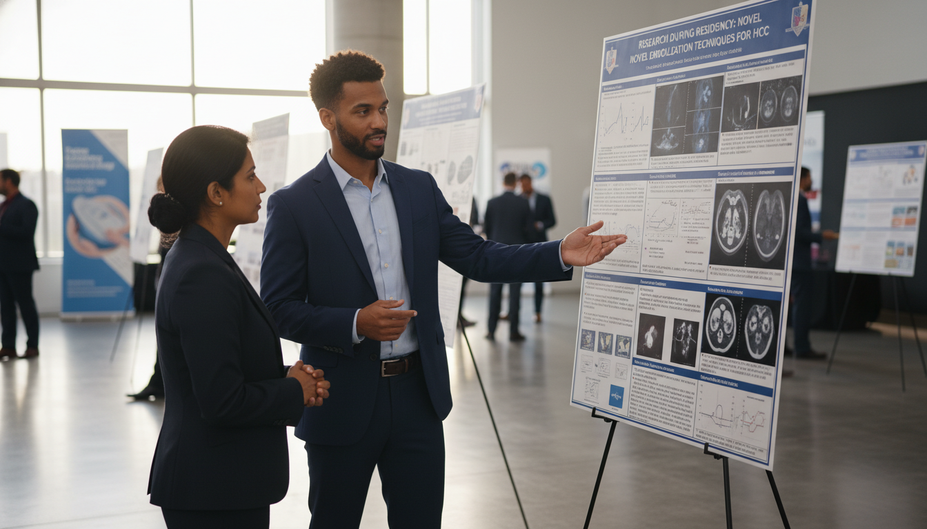 Interventional radiology resident presenting research poster at conference Interventional radiology resident presenting research poster at conference - Caribbean medical school residency for Research