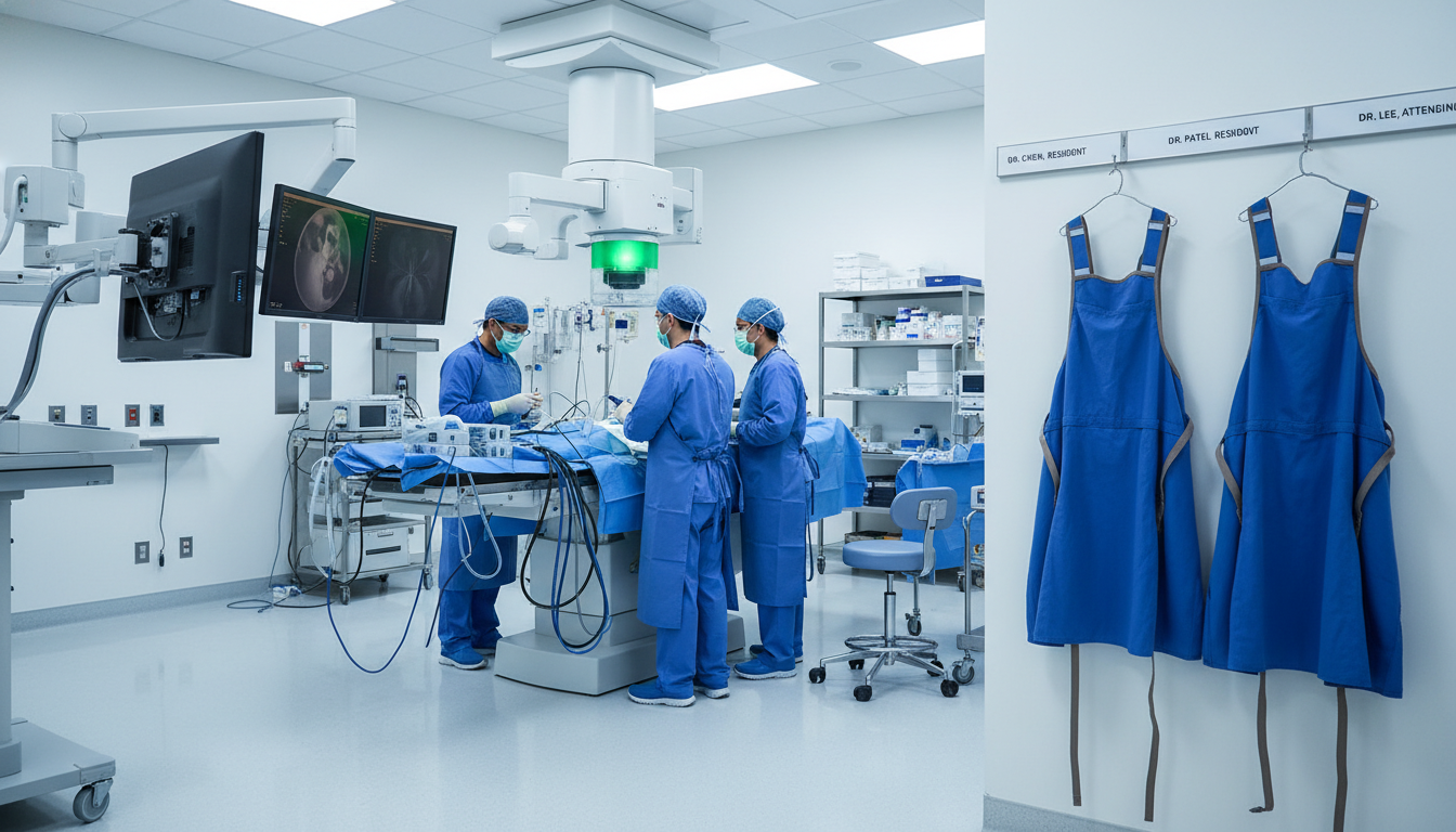 Interventional radiology team during procedure with one missing team member Interventional radiology team during procedure with one missing team member - Caribbean medical school residency for Resident