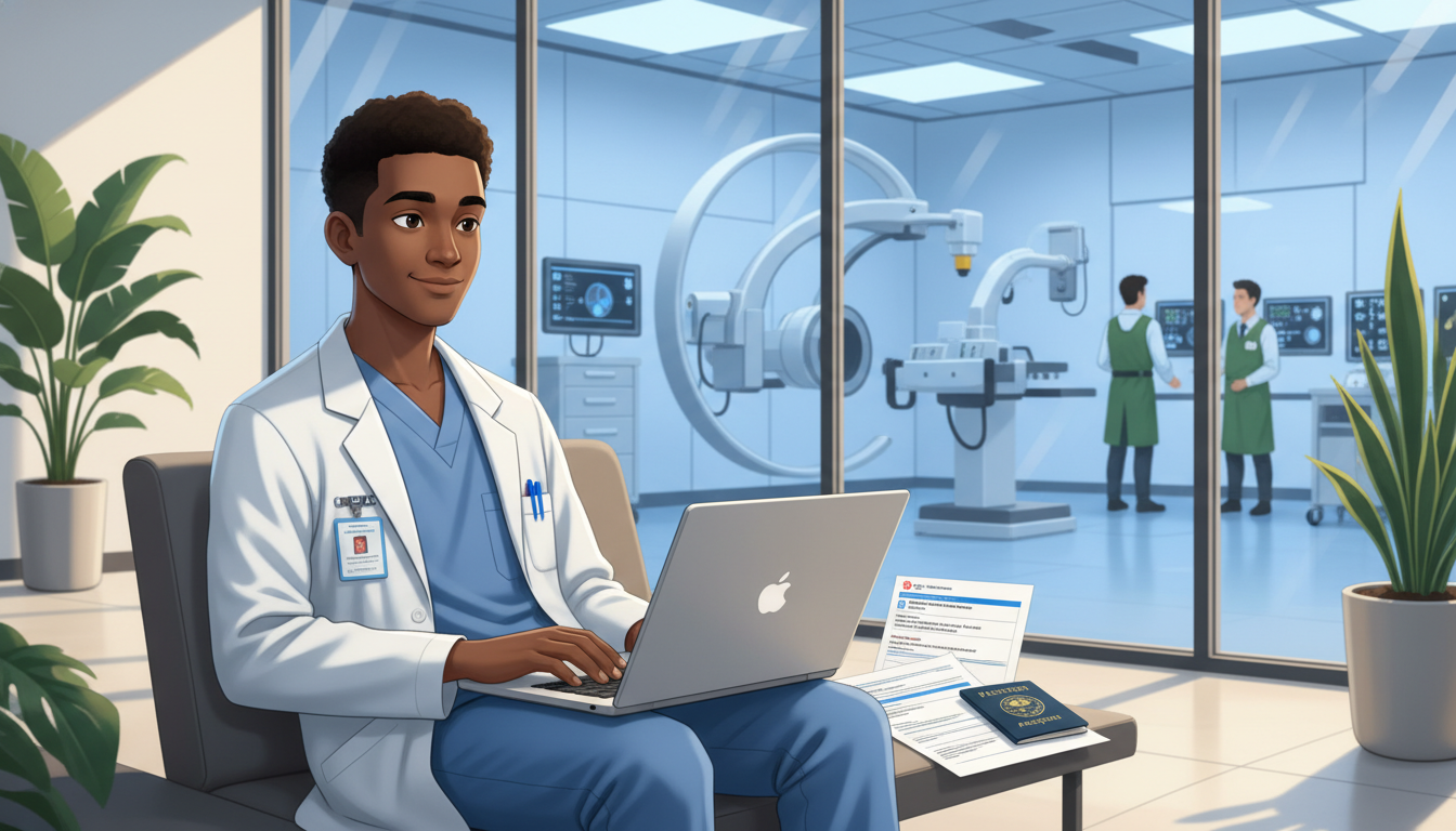 Interventional radiology resident IMG reviewing visa documents in hospital setting Interventional radiology resident IMG reviewing visa documents in hospital setting - Caribbean medical school residency for V