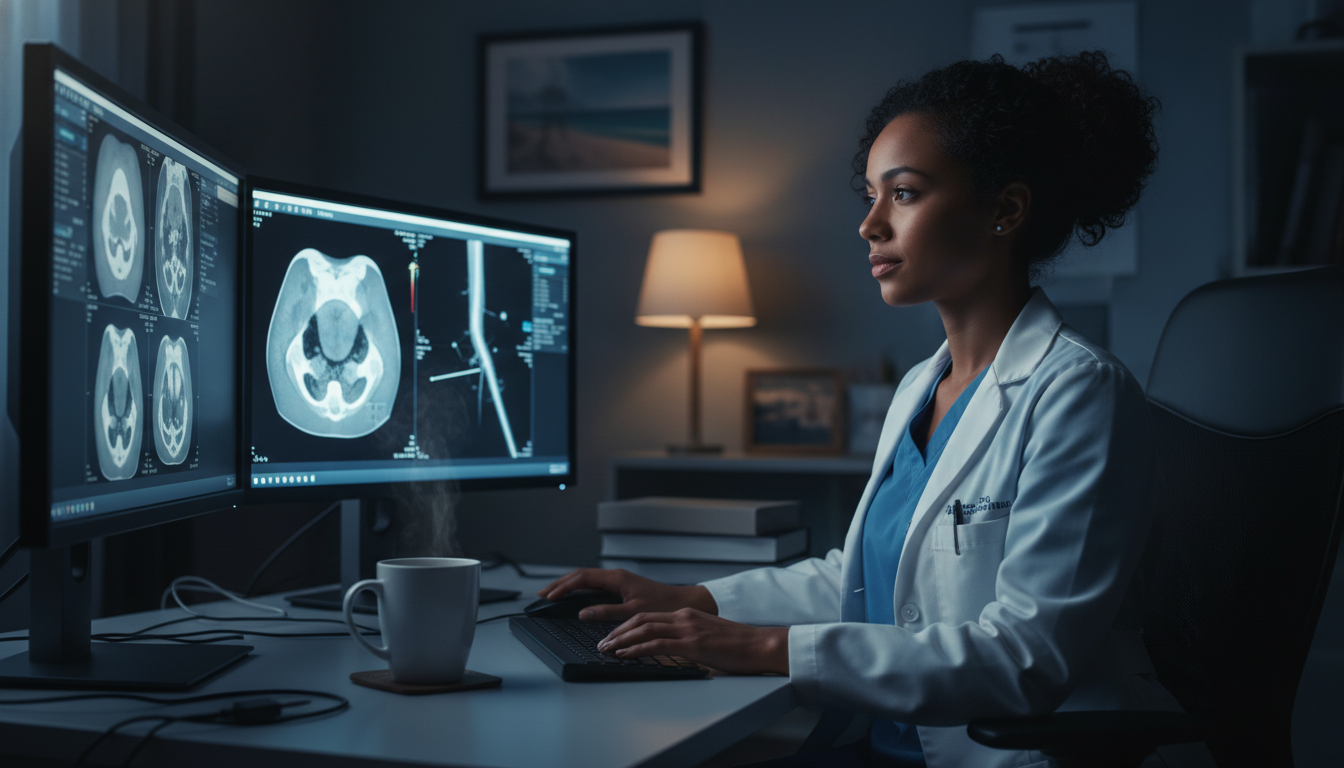Interventional radiology resident during call reviewing scans at night Interventional radiology resident during call reviewing scans at night - Caribbean medical school residency for Work-Life Bal