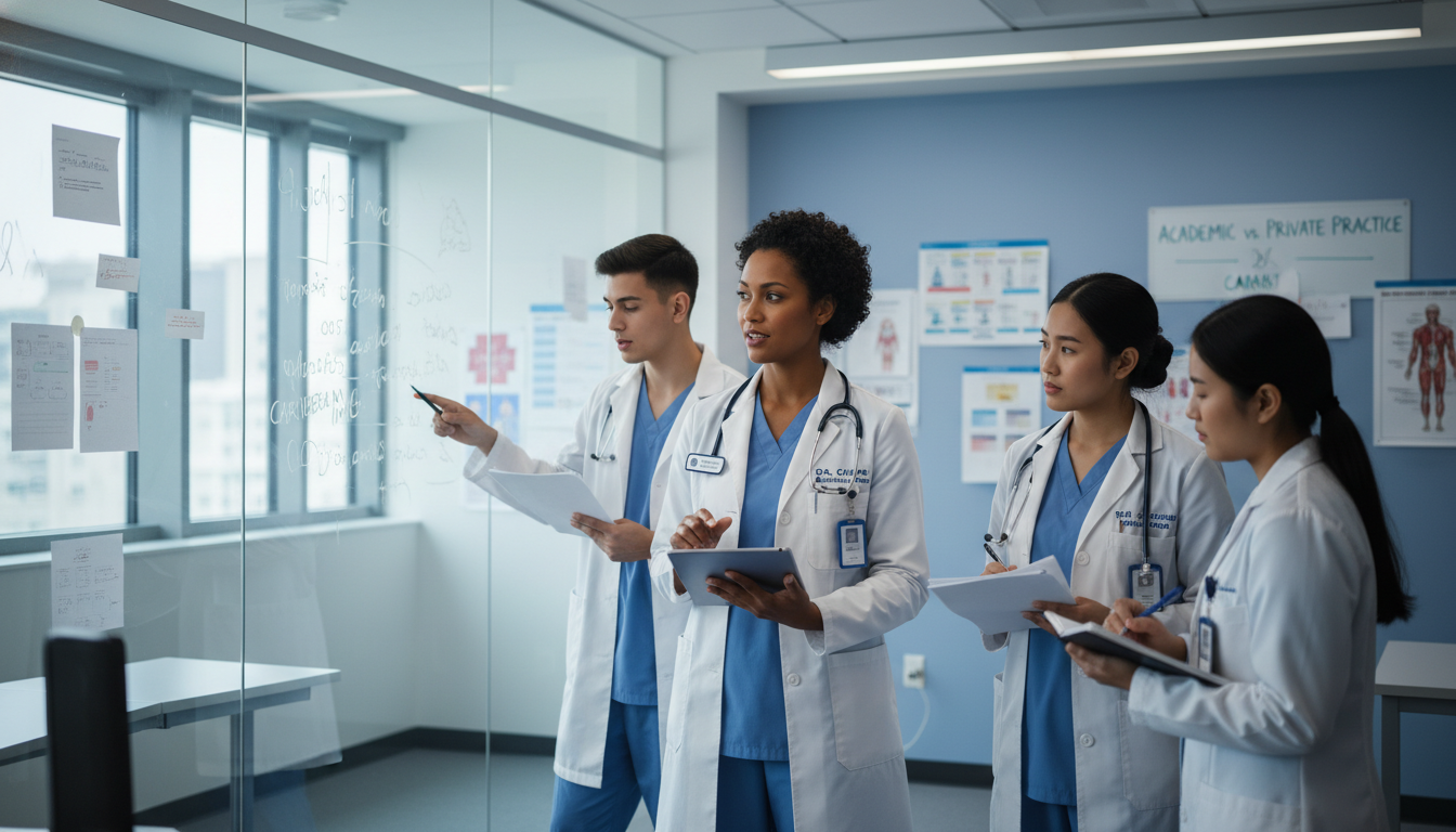 Med-Peds academic physician teaching residents at a teaching hospital Med-Peds academic physician teaching residents at a teaching hospital - Caribbean medical school residency for Academic vs Pr