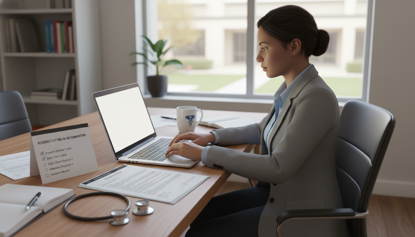 Medical student reviewing ERAS application and letters of recommendation checklist Medical student reviewing ERAS application and letters of recommendation checklist - Caribbean medical school residency for L