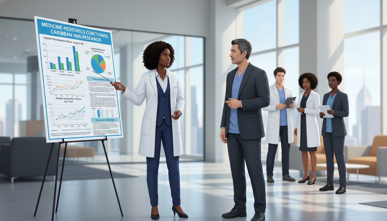 Medical student discussing research poster with attending physician - Caribbean medical school residency for Research Profile