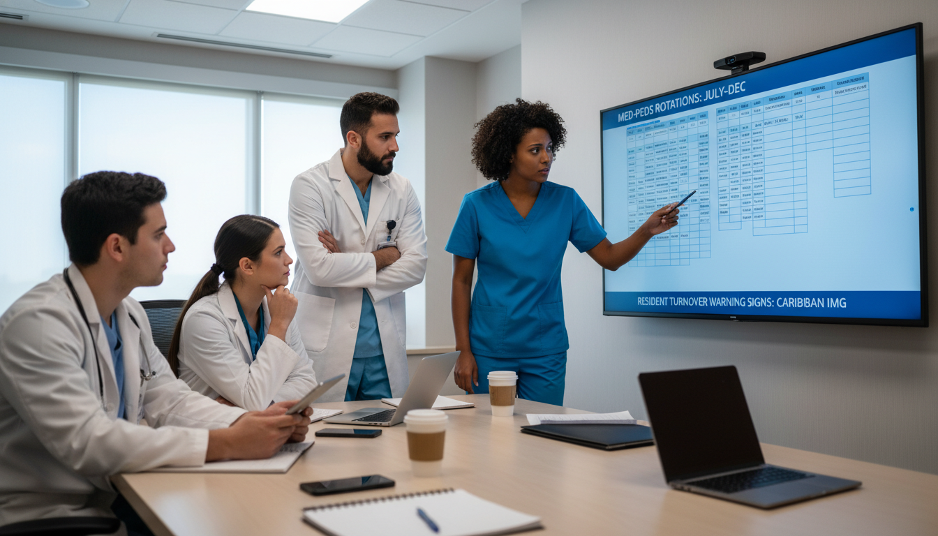 Medicine-Pediatrics residents reviewing call schedules and program workload Medicine-Pediatrics residents reviewing call schedules and program workload - Caribbean medical school residency for Resident