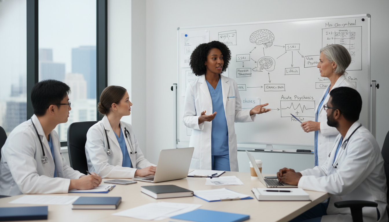 Medicine-Psychiatry residents in team discussion Medicine-Psychiatry residents in team discussion - Caribbean medical school residency for Questions to Ask Programs for Carib