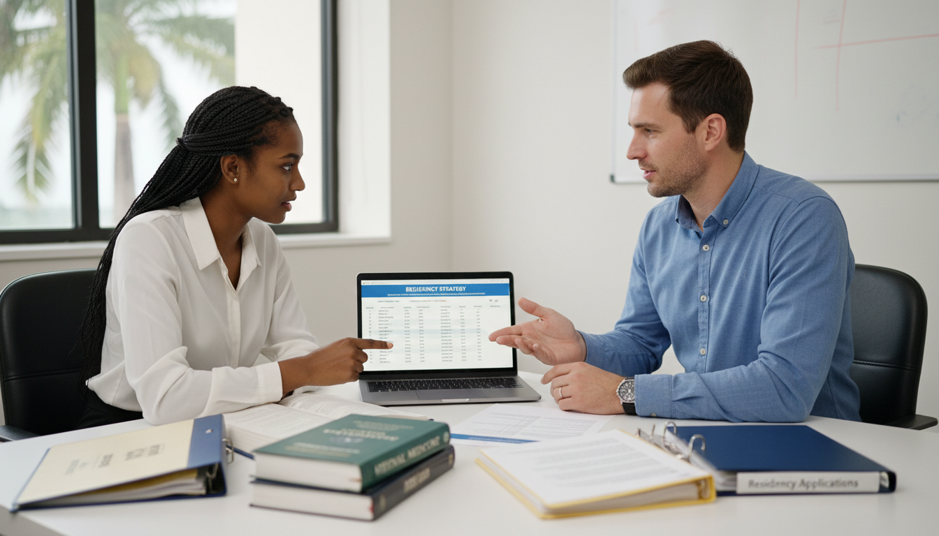 Caribbean IMG reviewing SOAP program list with advisor Caribbean IMG reviewing SOAP program list with advisor - Caribbean medical school residency for SOAP Preparation for Caribbea