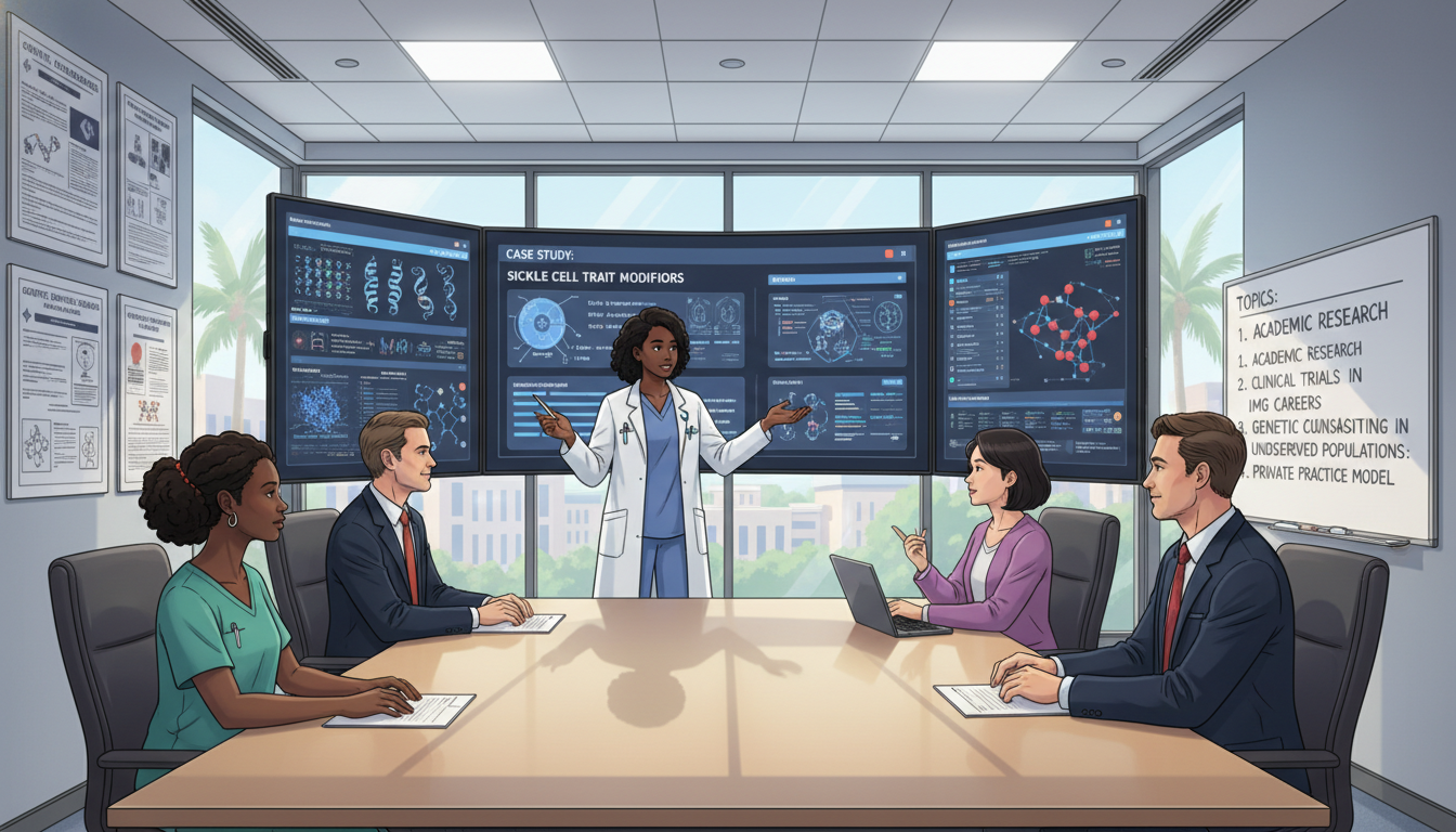 Medical genetics team in an academic center reviewing complex patient cases Medical genetics team in an academic center reviewing complex patient cases - Caribbean medical school residency for Academic