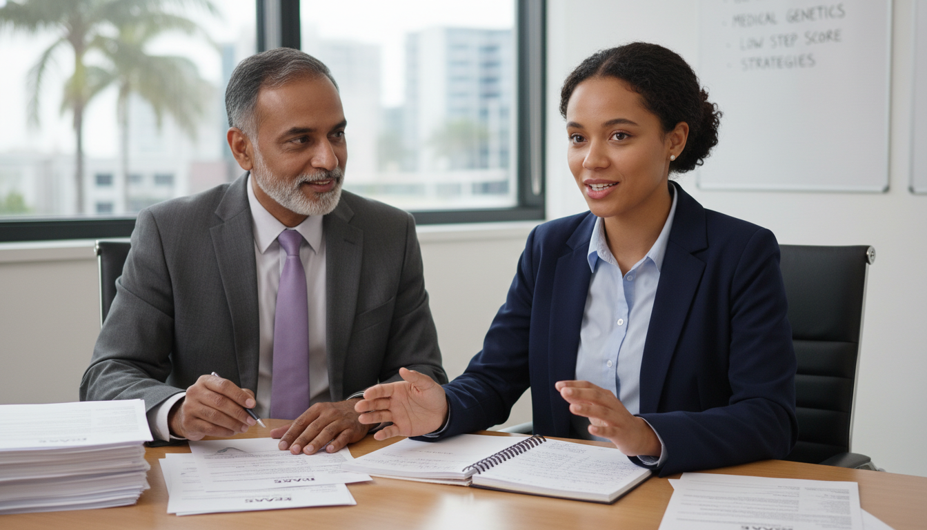 Caribbean IMG practicing for residency interview in hospital conference room - Caribbean medical school residency for Low Ste