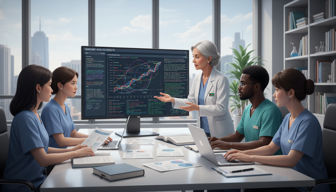 Medical genetics residents and mentor reviewing genomic data for a research project Medical genetics residents and mentor reviewing genomic data for a research project - Caribbean medical school residency for