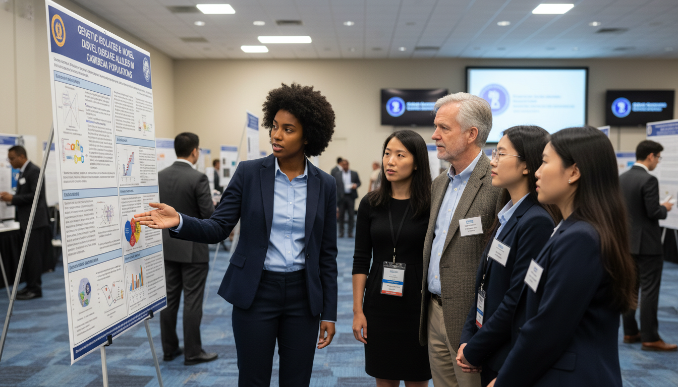 Resident presenting genetics research poster at a national conference Resident presenting genetics research poster at a national conference - Caribbean medical school residency for Research Durin
