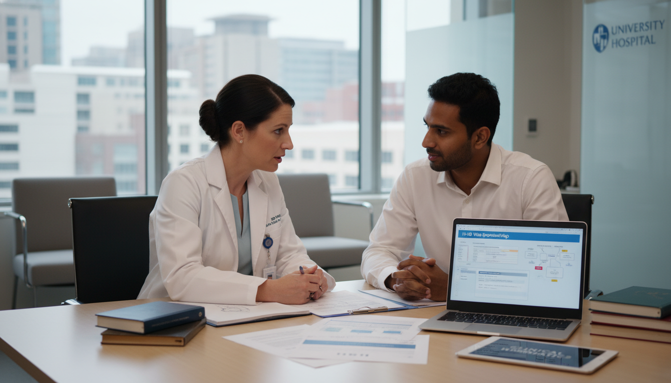 Residency program director reviewing H-1B sponsorship policies with an international medical graduate Residency program director reviewing H-1B sponsorship policies with an international medical graduate - Caribbean medical sch