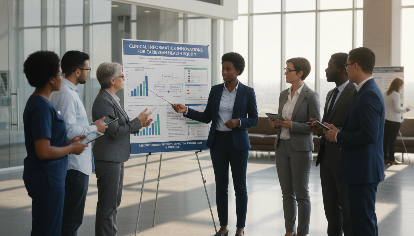 Caribbean IMG resident presenting clinical informatics research poster Caribbean IMG resident presenting clinical informatics research poster - Caribbean medical school residency for Research Duri