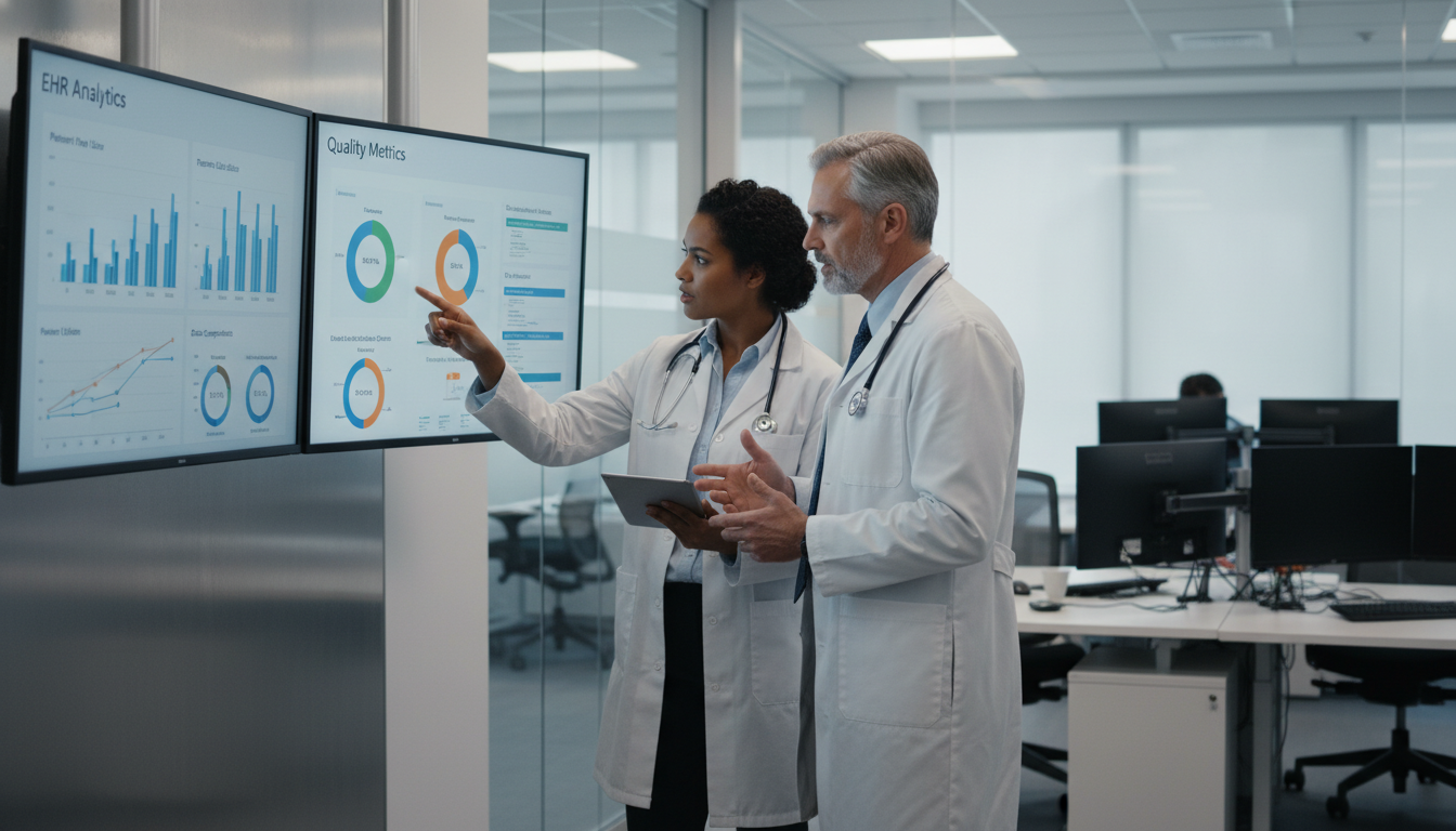 Resident physician reviewing EHR data and discussing clinical informatics project with mentor - Caribbean medical school resi