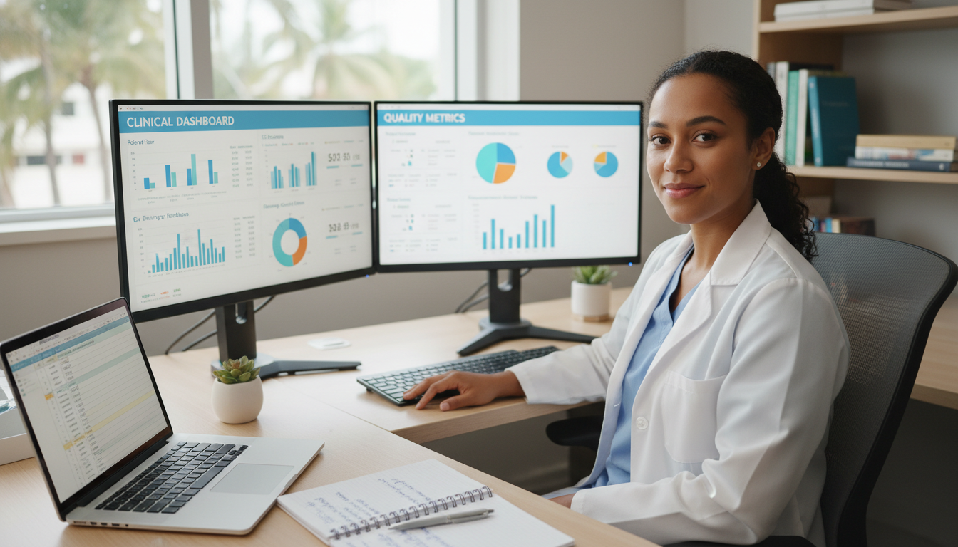 Clinical informatics fellow reviewing EHR dashboards in a hospital office Clinical informatics fellow reviewing EHR dashboards in a hospital office - Caribbean medical school residency for Work-Life