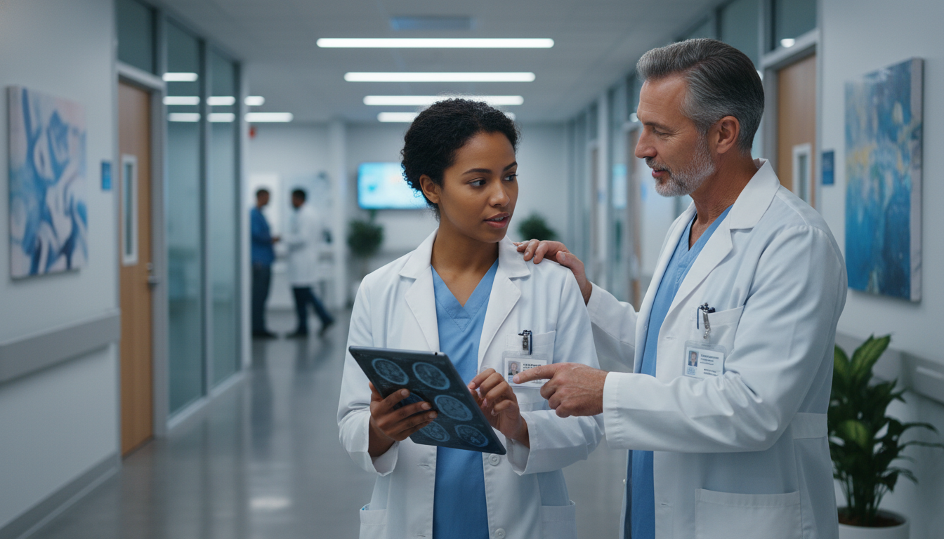 Neurology resident discussing patient care with a supportive attending Neurology resident discussing patient care with a supportive attending - Caribbean medical school residency for Identifying M