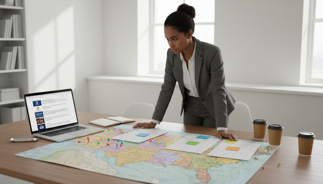 Neurology residency applicant organizing program tiers and locations on a large map - Caribbean medical school residency for