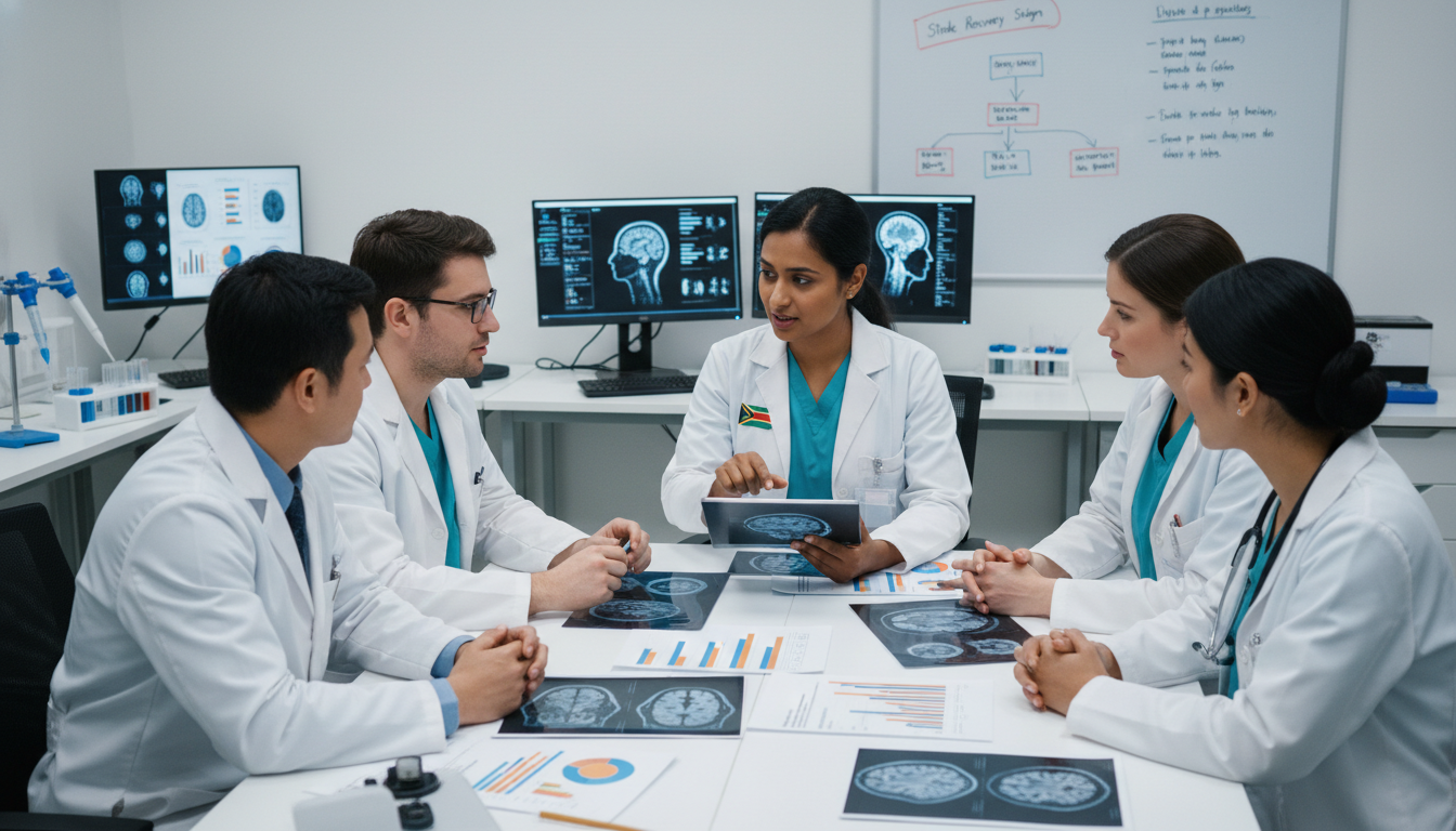 Neurology research team including an international medical graduate discussing a brain imaging project - Caribbean medical sc