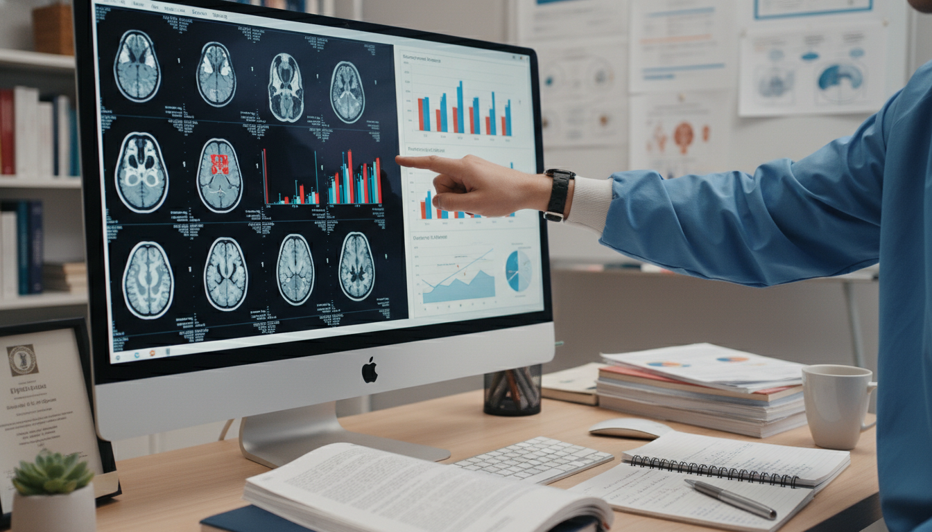 Brain MRI scans and data charts displayed on a screen for neurology research analysis - Caribbean medical school residency fo