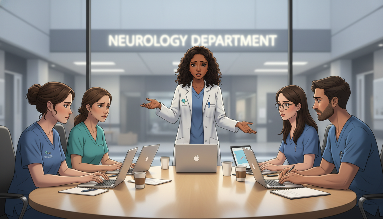 Neurology residents in conference room discussing program challenges Neurology residents in conference room discussing program challenges - Caribbean medical school residency for Resident Turnov