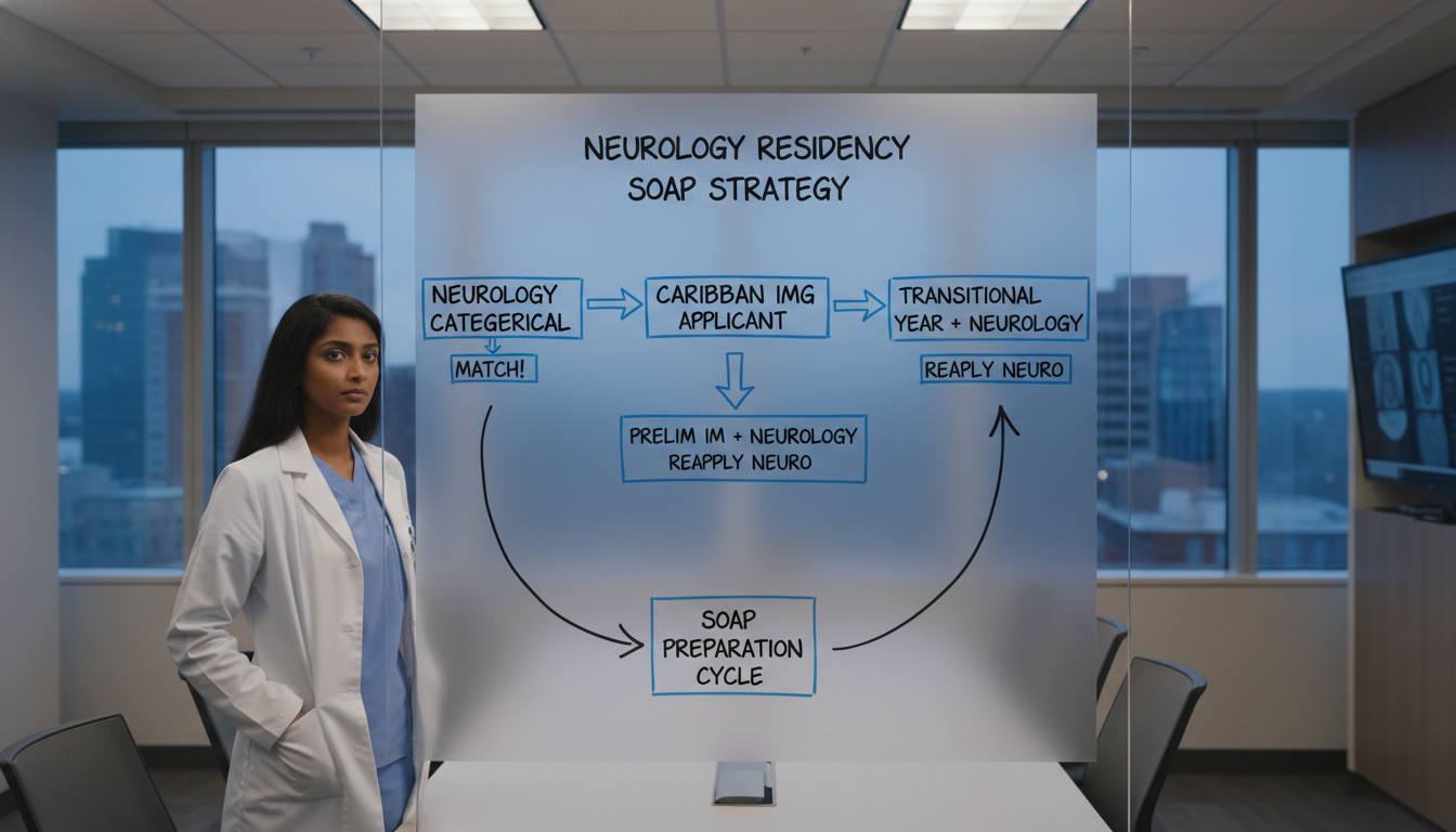 Neurology residency applicant reviewing SOAP strategy flowchart - Caribbean medical school residency for SOAP Preparation for