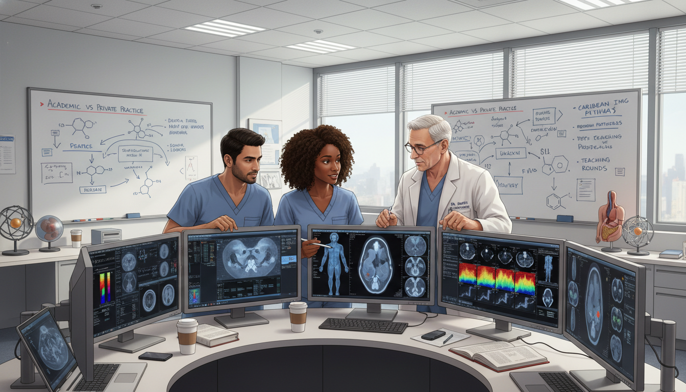 Nuclear medicine residents and attending at workstation reviewing PET-CT Nuclear medicine residents and attending at workstation reviewing PET-CT - Caribbean medical school residency for Academic vs
