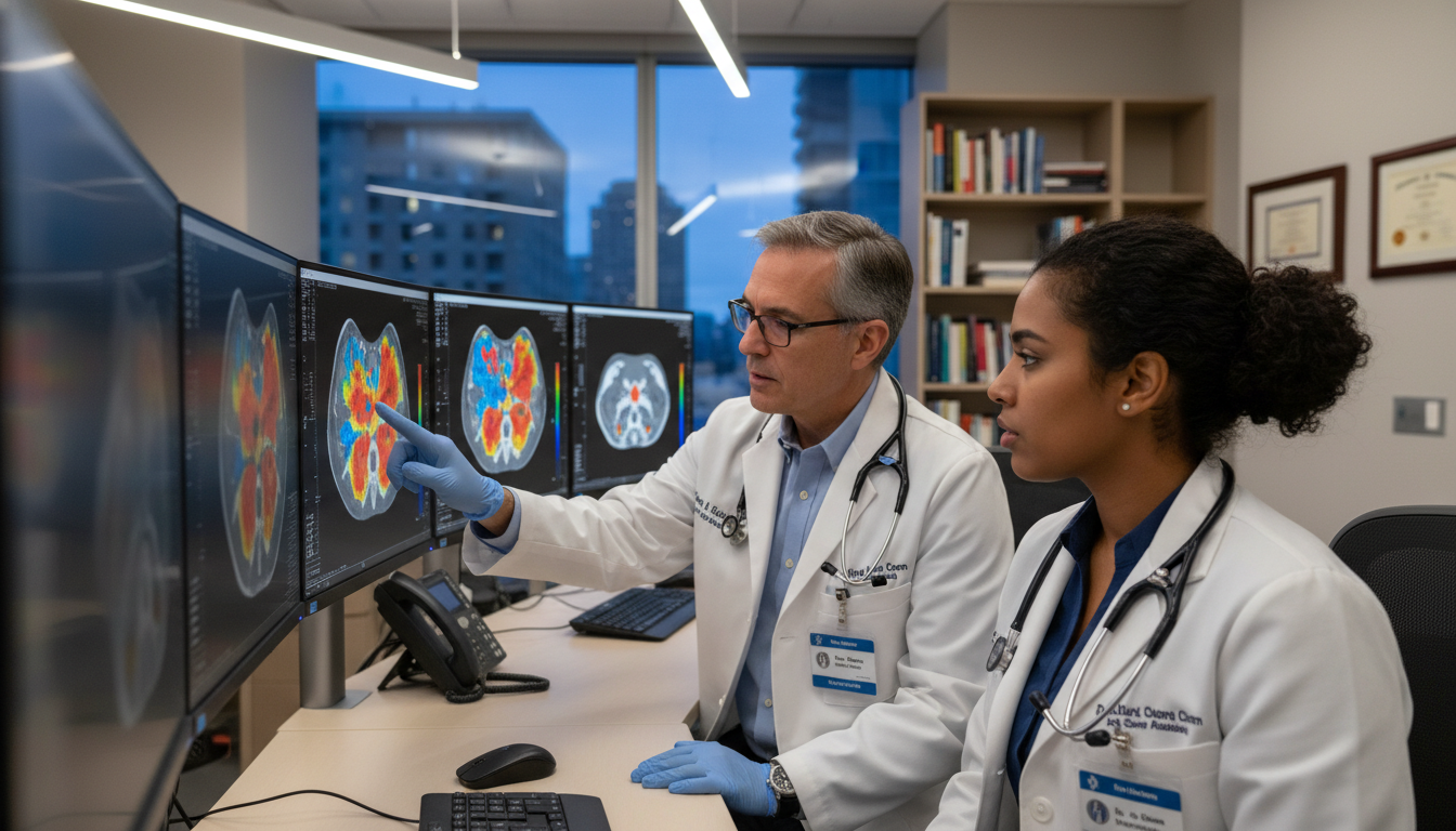 Nuclear medicine resident reviewing PET-CT images with attending physician Nuclear medicine resident reviewing PET-CT images with attending physician - Caribbean medical school residency for H-1B Spon