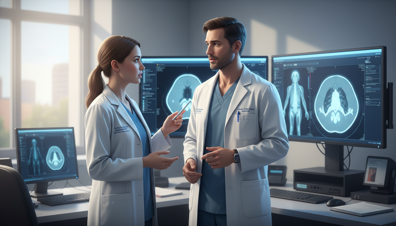 Nuclear medicine resident reviewing PET/CT imaging scans during team discussion - Caribbean medical school residency for Comm