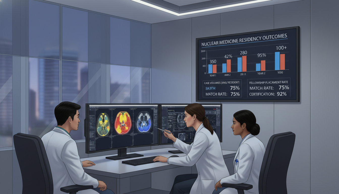 Nuclear medicine residents reviewing PET CT case volumes and program data Nuclear medicine residents reviewing PET CT case volumes and program data - Caribbean medical school residency for Identifyin