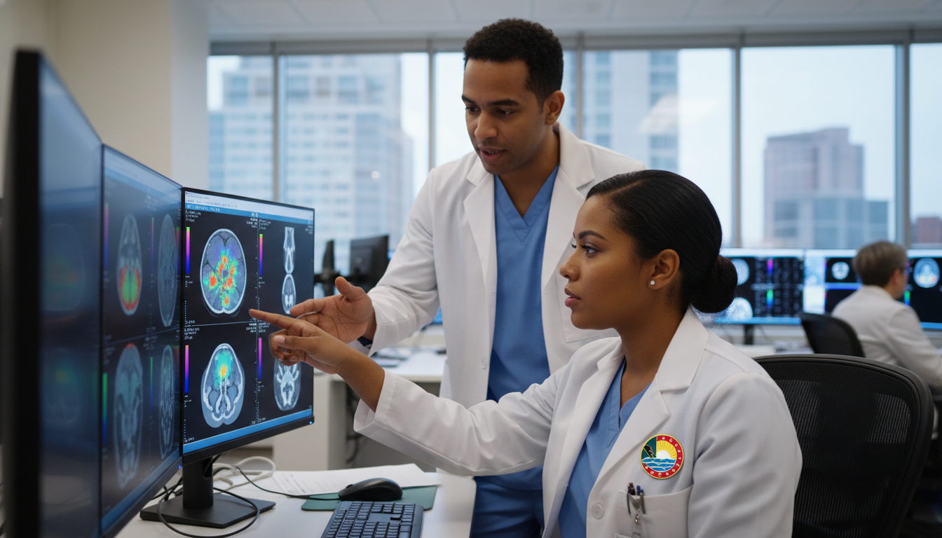 Nuclear medicine resident reviewing PET/CT images during training - Caribbean medical school residency for Questions to Ask P
