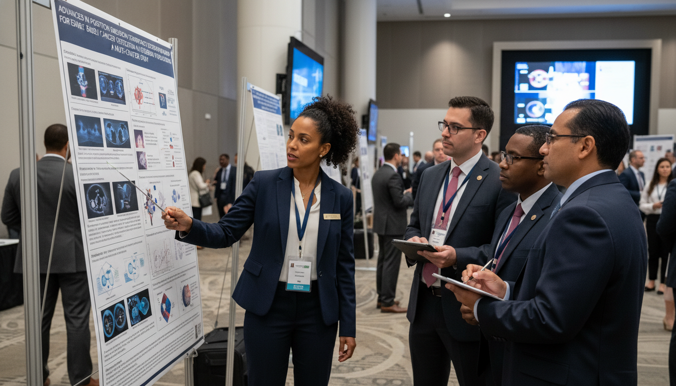 Resident presenting nuclear medicine research poster at conference Resident presenting nuclear medicine research poster at conference - Caribbean medical school residency for Research During R